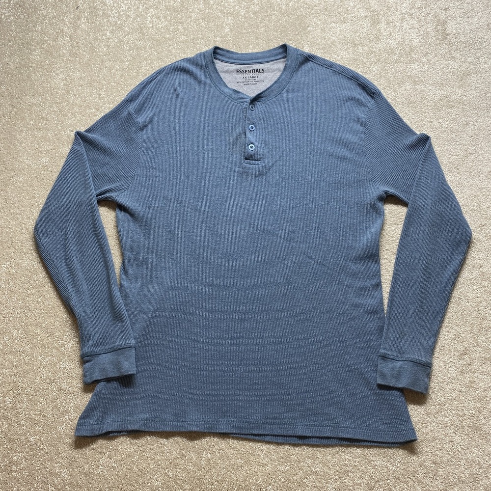 Essentials Henley Shirt Mens 2XL Blue‎ Long Sleeve Thermal Waffle Knit Casual